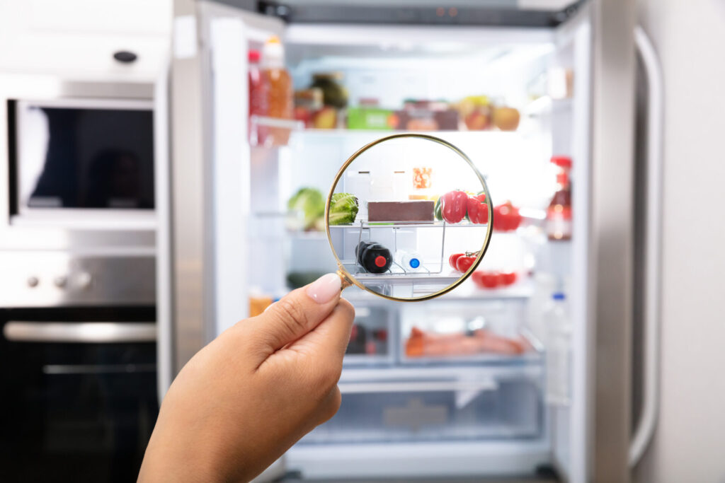 Woman Looking Refrigerator Through Magnifying Glass › 스타일리쉬 플레이스 냉장고를 손에 든 확대경으로 살펴보는 모습. 다양한 식품이 정리되어 있는 냉장고 내부.