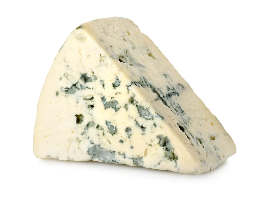 Blue cheese isolated › 스타일리쉬 플레이스 "블루치즈 한 조각이 흰 배경 위에 놓여 있는 모습. 곰팡이가 자연스럽게 발효된 치즈의 독특한 질감과 색상을 강조하는 이미지.