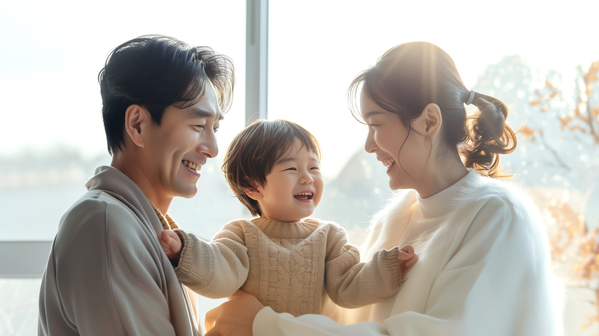 부모와 아이가 함께 웃고 있는 모습, 따뜻한 분위기에서 즐거운 시간을 보내는 가족