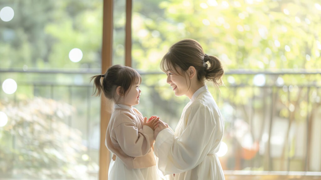 CK_tai00030000452 › 스타일리쉬 플레이스 햇빛이 비치는 창가에서 엄마와 어린 아이가 서로 바라보며 손을 잡고 미소를 지으며 대화하는 모습. 두 사람의 얼굴에 따뜻한 감정이 드러나 있으며, 주변은 자연광으로 부드럽게 밝혀져 있다.