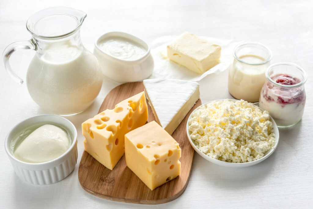 Assortment of dairy products › 스타일리쉬 플레이스 유리병에 담긴 우유, 여러 종류의 치즈, 요거트, 크림 등 다양한 유제품이 나무 접시에 배열된 모습. 채식주의자가 단백질을 보충할 수 있는 식품을 강조하는 이미지.