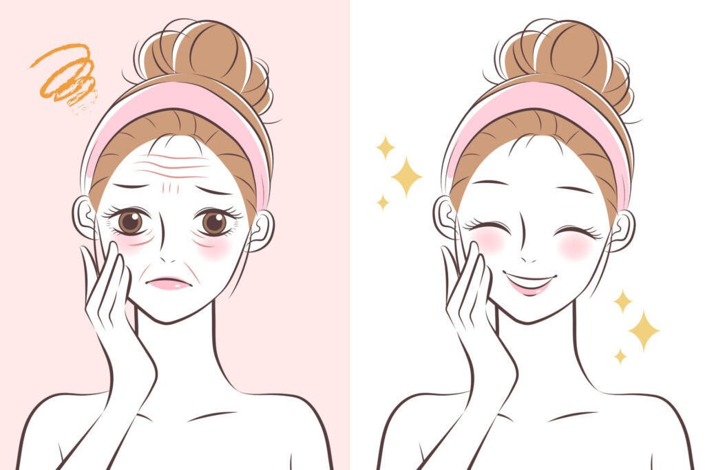 피부 관리 전후의 변화 › 스타일리쉬 플레이스 환절기 피부 관리 전후의 차이를 보여주는 여성의 일러스트