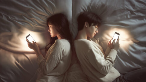 침대에서 서로 등을 돌린 채 스마트폰을 사용하는 남성과 여성.
