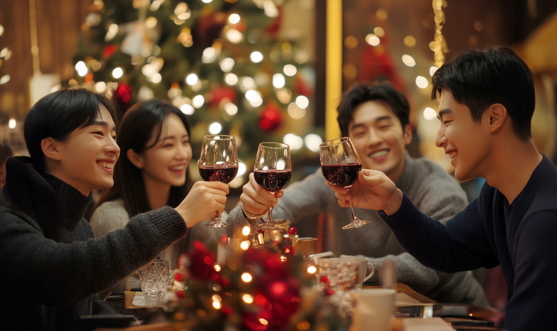 홈 파티에서 와인잔을 들고 건배하는 친구들