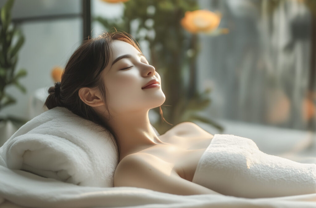 편안하게 누워 휴식을 취하며 홈스파를 즐기는 여성