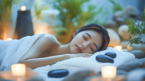 조명이 은은한 스파 환경에서 마사지 돌과 수건을 이용해 편안하게 누워 있는 여성