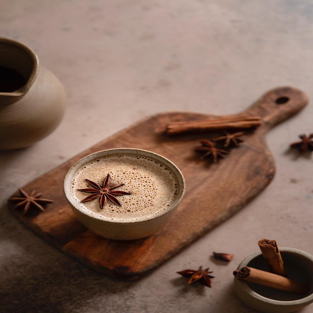 향신료의 조화, 인도 차이(Chai) › 스타일리쉬 플레이스 따뜻한 인도 차이(Chai)가 담긴 컵, 시나몬 스틱과 별 모양 향신료(스타 아니스)가 장식된 나무 도마 위의 장면