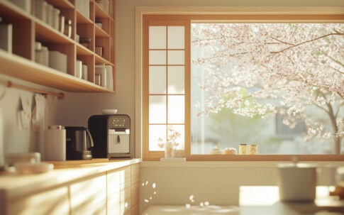창밖의 벚꽃 나무가 보이는 밝은 주방, 원목 선반과 커피머신으로 꾸민 봄맞이 인테리어 모습