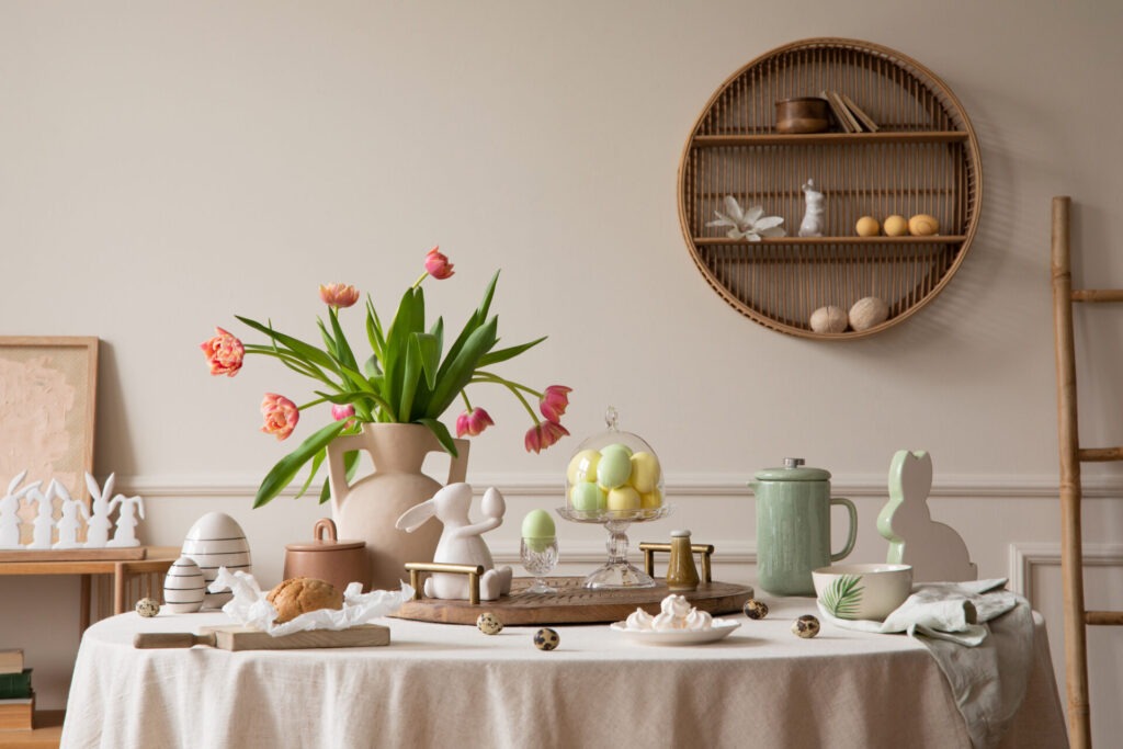 Creative composition of easter dining room interior with round t › 스타일리쉬 플레이스 홈플라워가 담긴 화병과 감성적인 테이블 세팅, 내추럴한 인테리어가 조화를 이루는 봄 테이블 데코