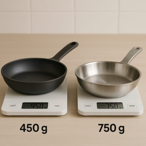 티타늄 프라이팬과 스테인리스 프라이팬이 각각 저울에 올려져 있으며, 티타늄 팬은 450g, 스테인리스 팬은 750g을 나타내는 무게 비교 이미지