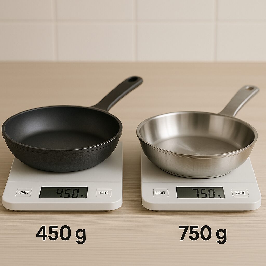 티타늄 프라이팬과 스테인리스 프라이팬이 각각 저울에 올려져 있으며, 티타늄 팬은 450g, 스테인리스 팬은 750g을 나타내는 무게 비교 이미지