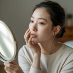 거울을 보며 얼굴을 살펴보는 여성의 모습, 피부장벽 상태를 체크하는 장면