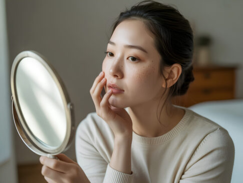 거울을 보며 얼굴을 살펴보는 여성의 모습, 피부장벽 상태를 체크하는 장면