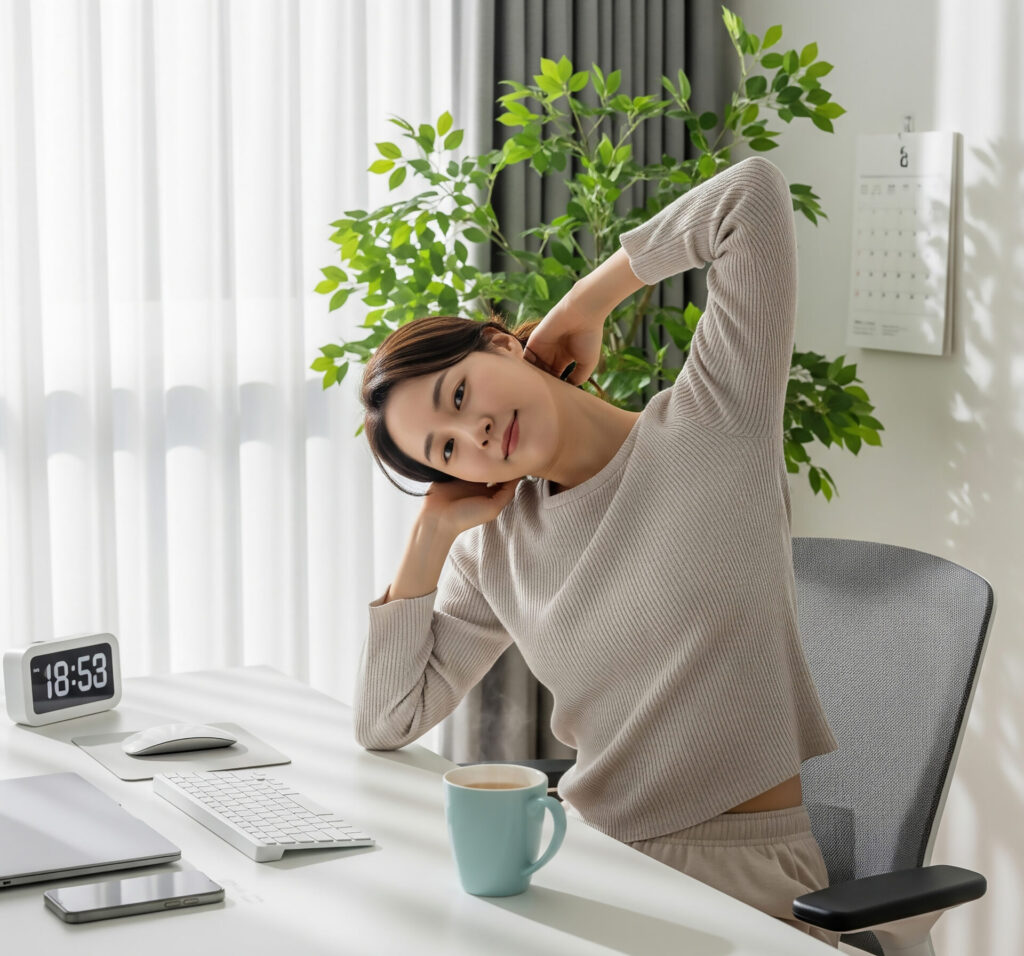 책상 앞에서 앉은 채 목 옆 스트레칭을 하는 여성 – 일상 속 자세교정 방법
