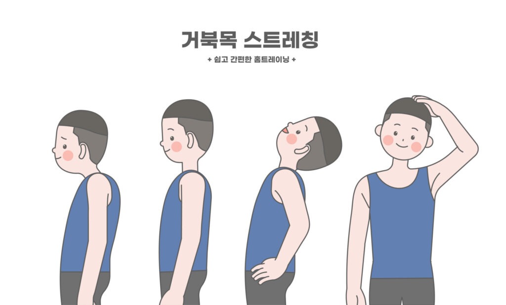 거북목 스트레칭 동작을 단계별로 보여주는 일러스트 – 자세교정을 위한 간단한 홈트레이닝