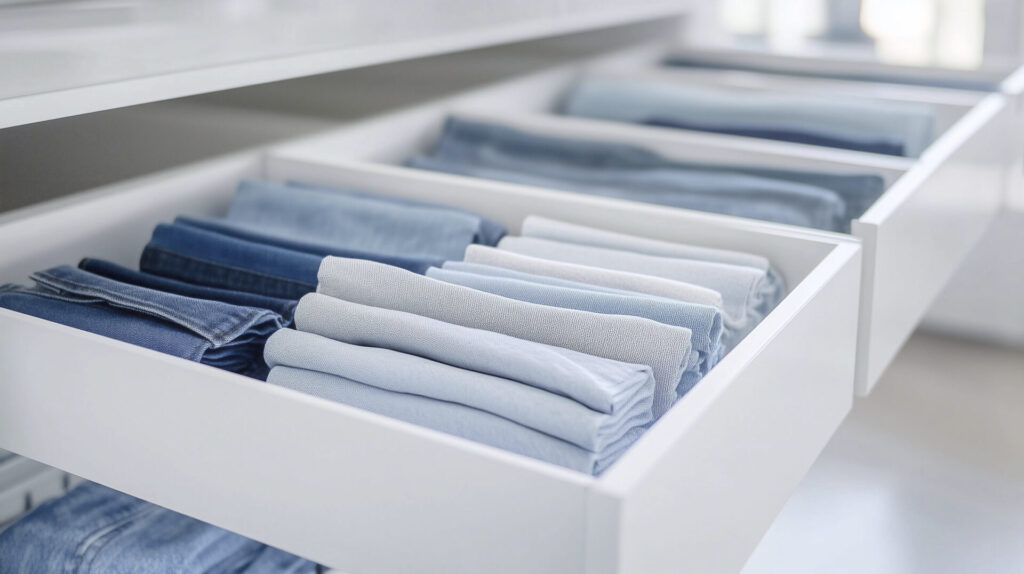 깔끔하게 접어 정리된 청바지와 옷이 들어 있는 서랍 수납 모습