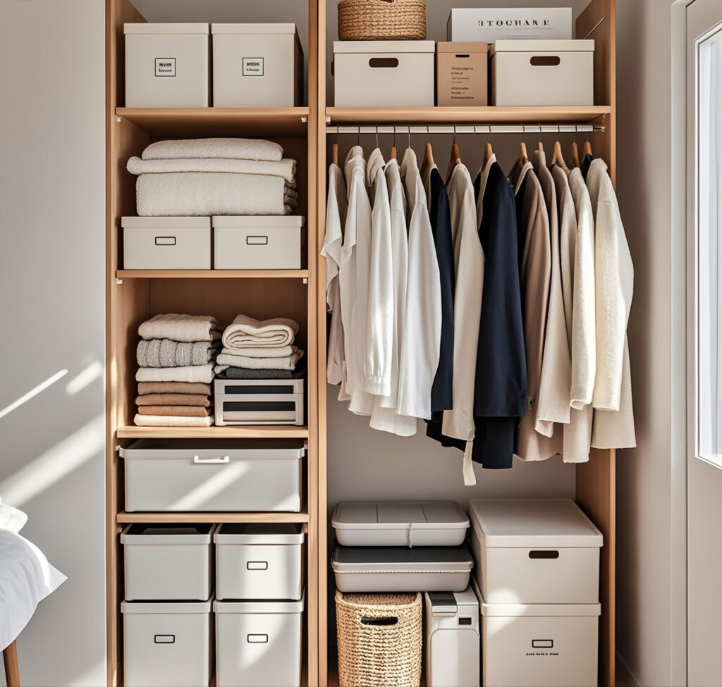 박스와 옷이 정돈된 깔끔한 옷장 수납 공간