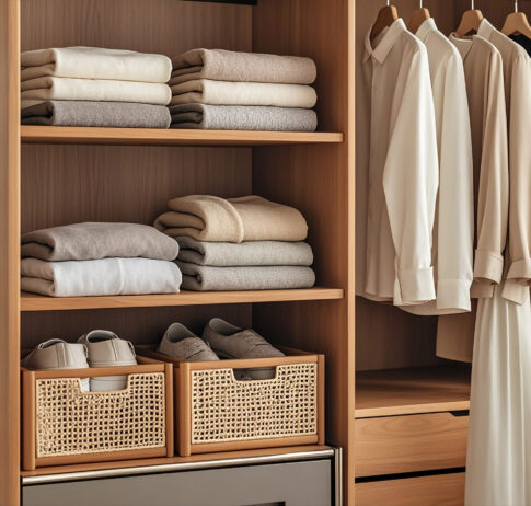 깔끔하게 정리된 옷장 속 접힌 옷과 정돈된 서랍 수납 방법 예시