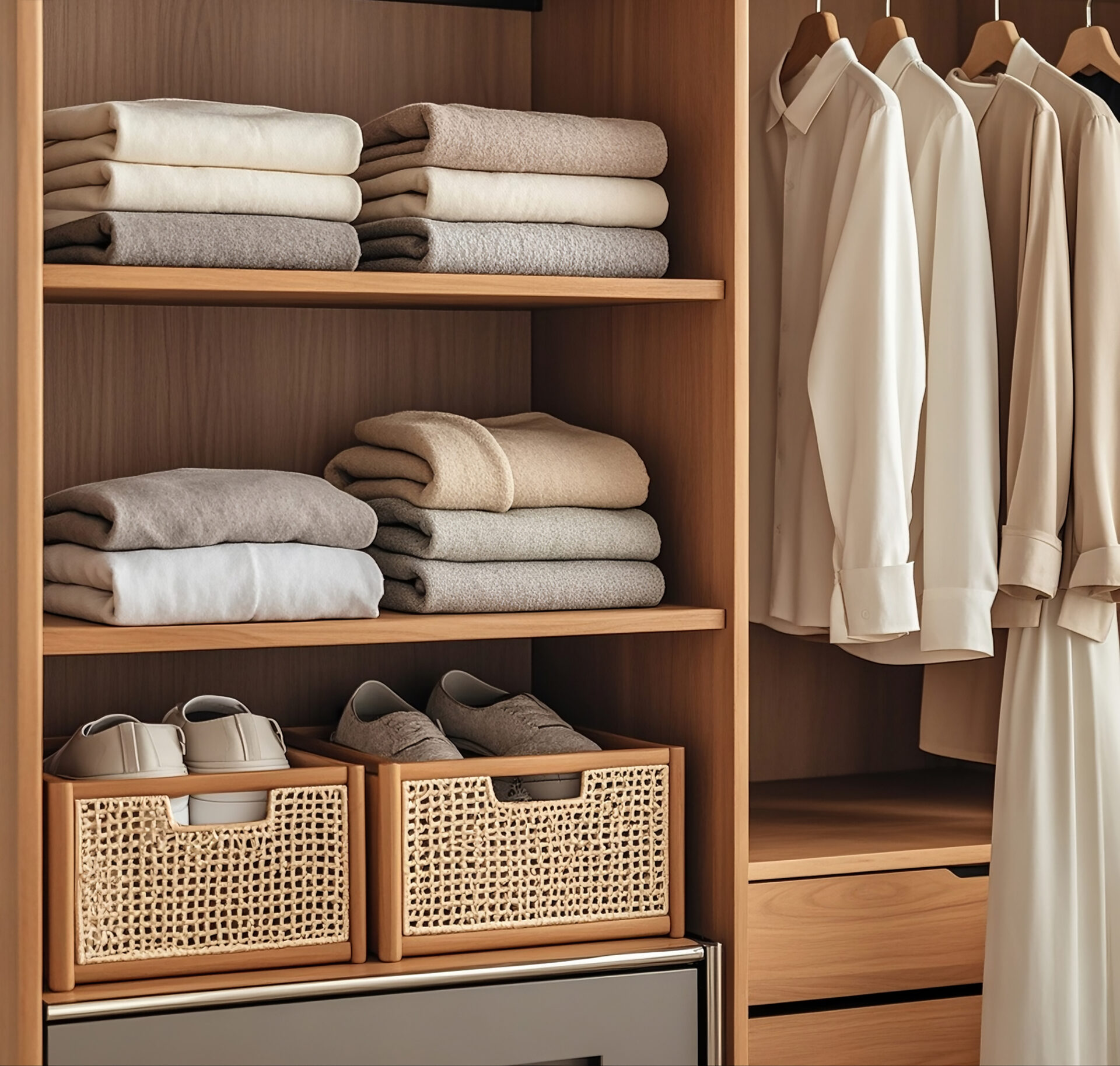 깔끔하게 정리된 옷장 속 접힌 옷과 정돈된 서랍 수납 방법 예시