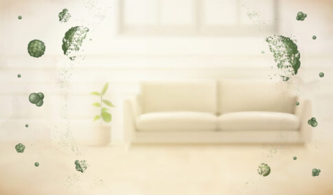 실내 공간에 떠다니는 초미세먼지가 건강에 미치는 영향을 시각적으로 표현한 이미지